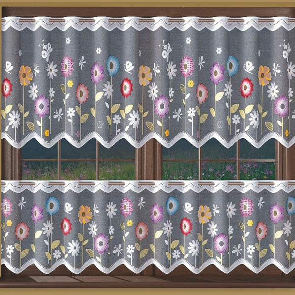 Jacquard White Kitchen Cafe Net Curtain Flowery Meadow pattern  Many sizes