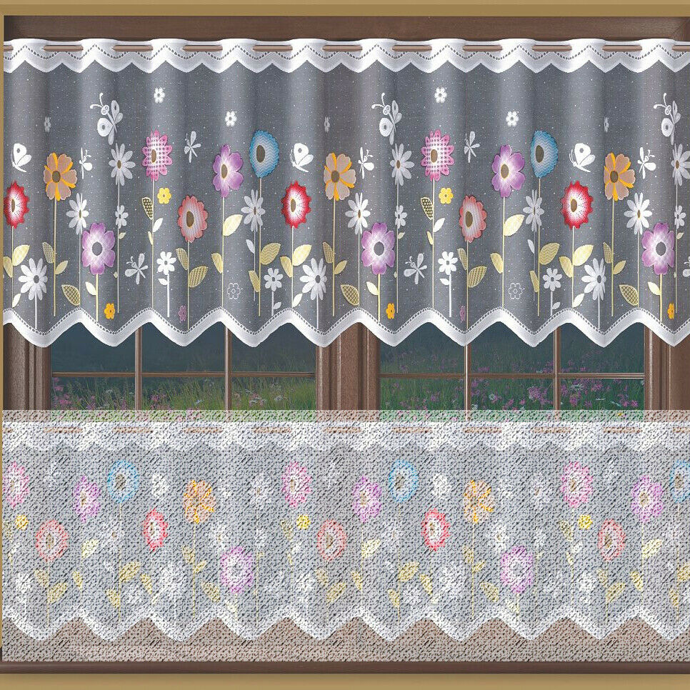 Jacquard White Kitchen Cafe Net Curtain Flowery Meadow pattern  Many sizes