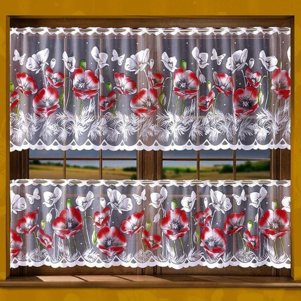 Jacquard Kitchen Cafe Net Kitchen Curtain Red Poppies - 20" OR 28" Drop - Many sizes