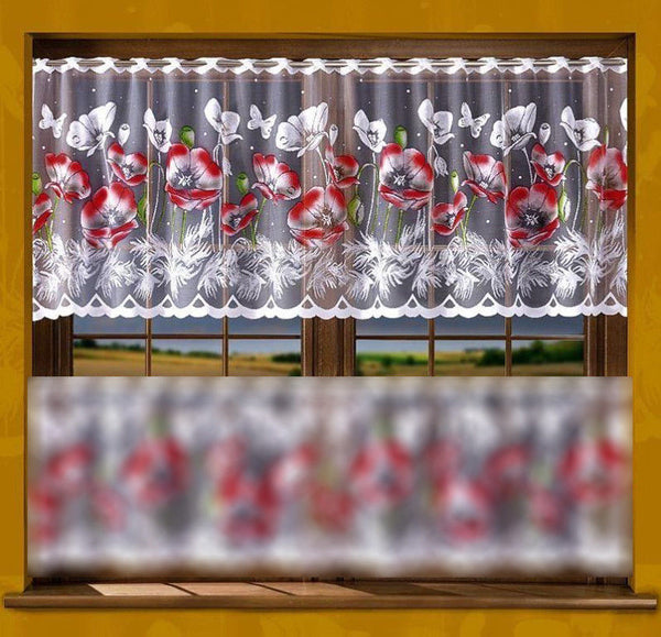 Jacquard Kitchen Cafe Net Kitchen Curtain Red Poppies - 20" OR 28" Drop - Many sizes