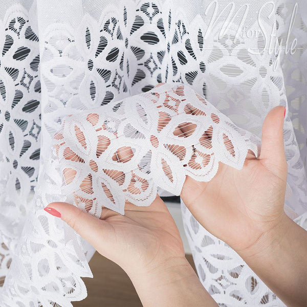 Floral White Net Curtain - HEMMED EDGES - Slot Top - MANY SIZES