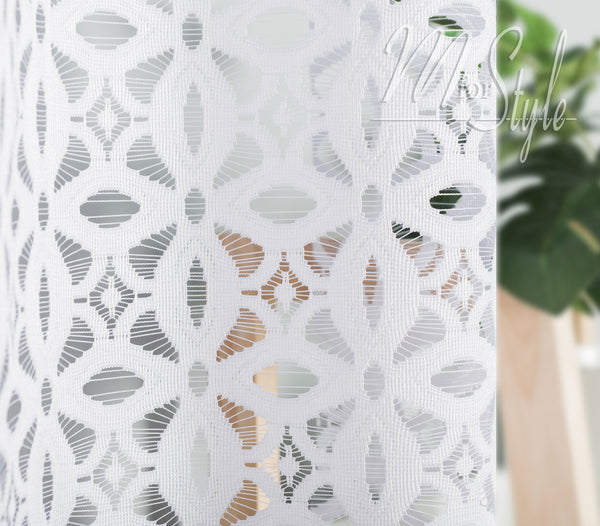Floral White Net Curtain - HEMMED EDGES - Slot Top - MANY SIZES