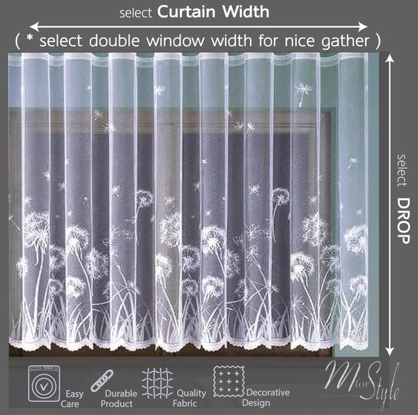 White Net Curtain with Dandelions pattern Ready to Hang MANY SIZES