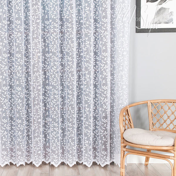 Leaves White Net Curtains Leafy trail  - HEMMED EDGES - Slot Top - MANY SIZES