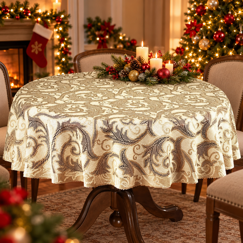 Round Heavy Lace Tablecloth Cream / Golden beige  59" 150cm  Premium Quality