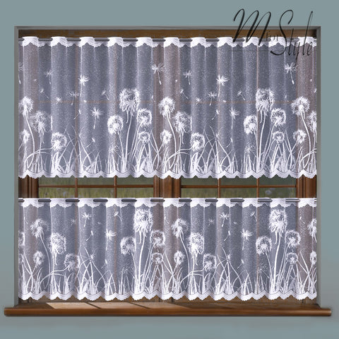 White Kitchen Net Curtain Dandelions Many Sizes Drop 20" OR 28"