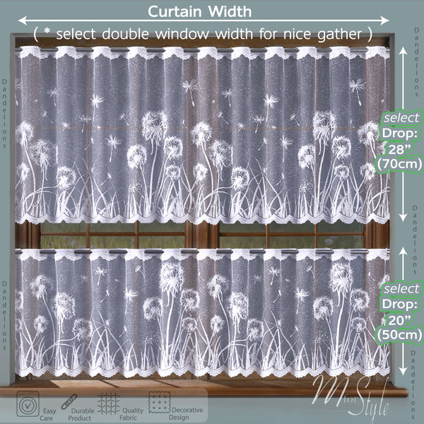 White Kitchen Net Curtain Dandelions Many Sizes Drop 20" OR 28"