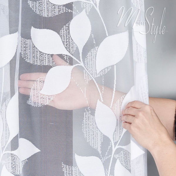 Leaves White Net Curtains Floral design  - HEMMED EDGES - Slot Top - 72" to 87" - Many Sizes