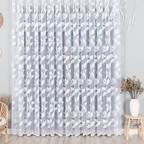 Leaves White Net Curtains Floral design  - HEMMED EDGES - Slot Top - 72" to 87" - Many Sizes