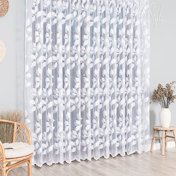 Leaves White Net Curtains Floral design  - HEMMED EDGES - Slot Top - 72" to 87" - Many Sizes