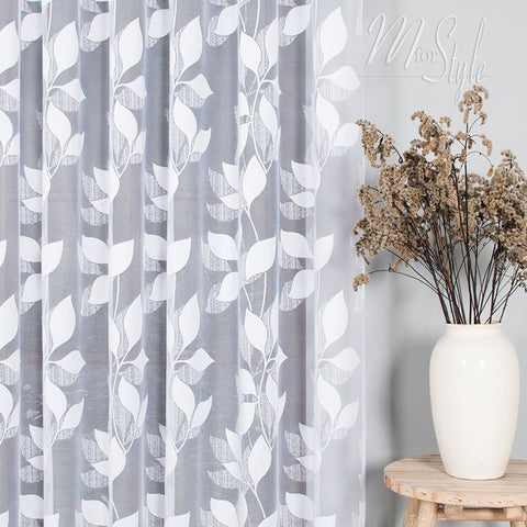 Leaves White Net Curtains Floral design  - HEMMED EDGES - Slot Top - 36" to 60" - MANY SIZES
