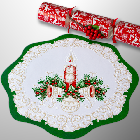 MforStyle - Christmas placemats Xmas Christmas Mats - SET OF 2 MATS - Fabric - Easy Care - Candle Jingle Bells - White with red gold green pattern - Diameter 12" (30cm)