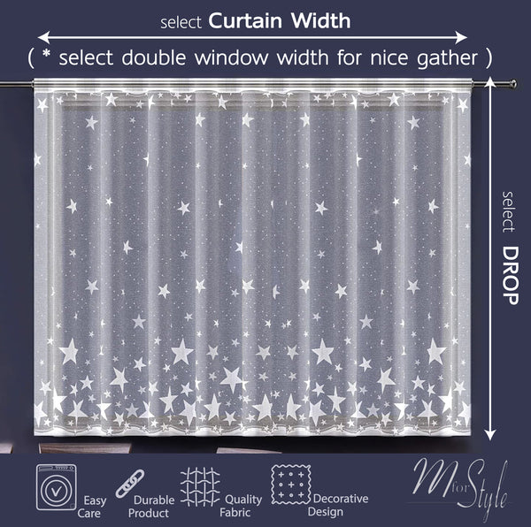 White Net Curtain Stars READY TO HANG - HEMMED EDGES - Slot Top - MANY SIZES