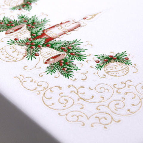 Christmas Tablecloth White Xmas candle Red Gold Green Pattern Rectangular - Small Medium or Large.