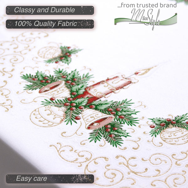 Christmas Tablecloth White Xmas candle Red Gold Green Pattern Rectangular - Small Medium or Large.