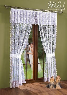 Net Lace Curtain Window Door set White with Pelmet Valance and Tiebacks