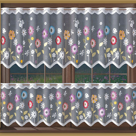 Jacquard White Kitchen Cafe Net Curtain Flowery Meadow pattern Sold by the metres