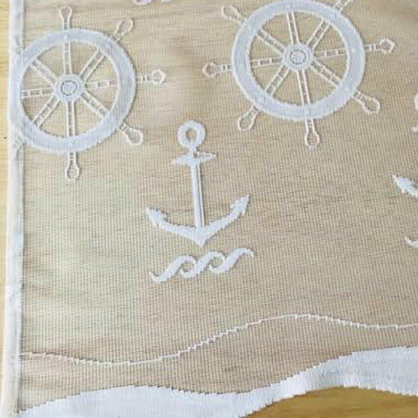 White Net Curtain Nautical Wheels Anchors pattern Sold by Metres HEMMED EDGES