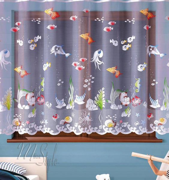 Children's Net Curtain Ocean Sea life Ready Made SOLD BY THE METRE Slot Top