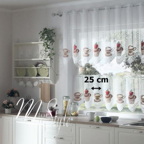 White Cafe Net Curtain with Coffee & Cupcake Pattern