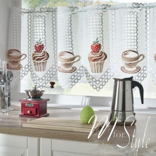 White Cafe Net Curtain with Coffee & Cupcake Pattern
