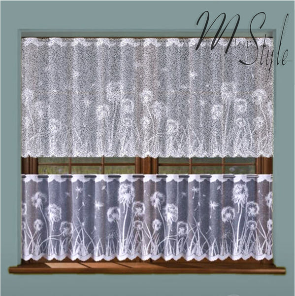 White Kitchen Cafe Net Curtain Dandelions Sold by the metres - Drop 20" OR 28"