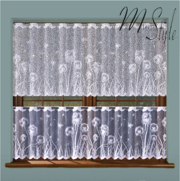 White Kitchen Cafe Net Curtain Dandelions Sold by the metres - Drop 20" OR 28"