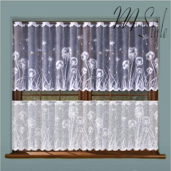 White Kitchen Cafe Net Curtain Dandelions Sold by the metres - Drop 20" OR 28"