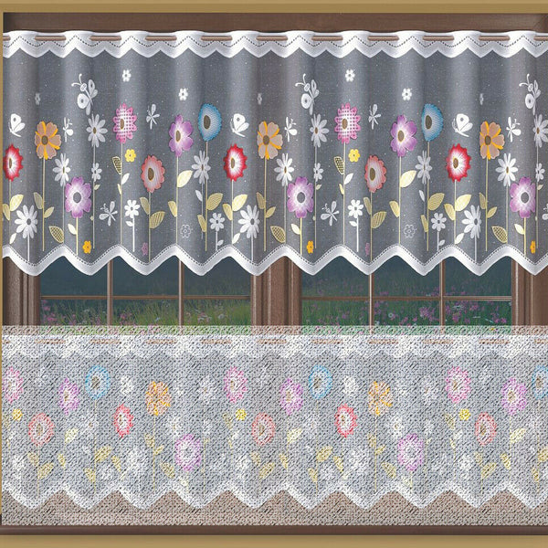 Jacquard White Kitchen Cafe Net Curtain Flowery Meadow pattern Sold by the metres