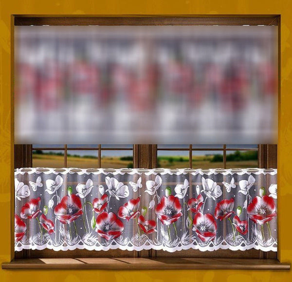 Jacquard Kitchen Cafe Net Curtain Red Poppies - 20" OR 28" Drop - Sold by the metres