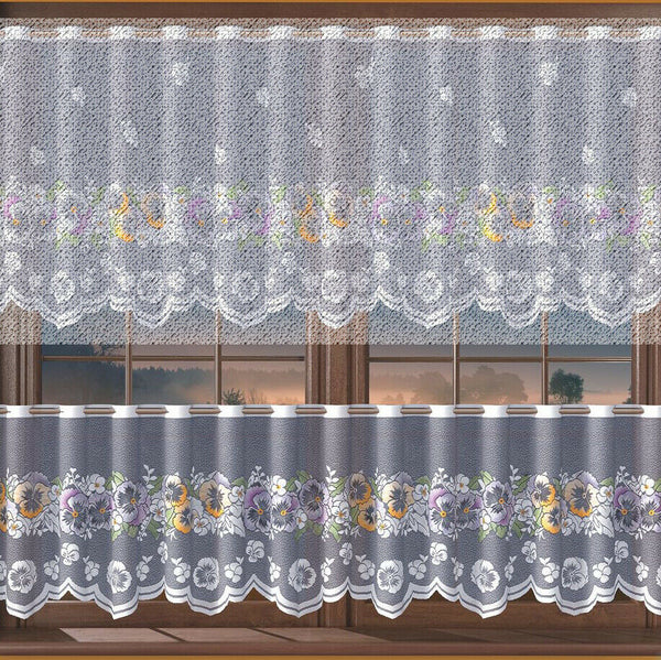 Jacquard White Kitchen Cafe Net Curtain Floral Pansies pattern Sold by the metres