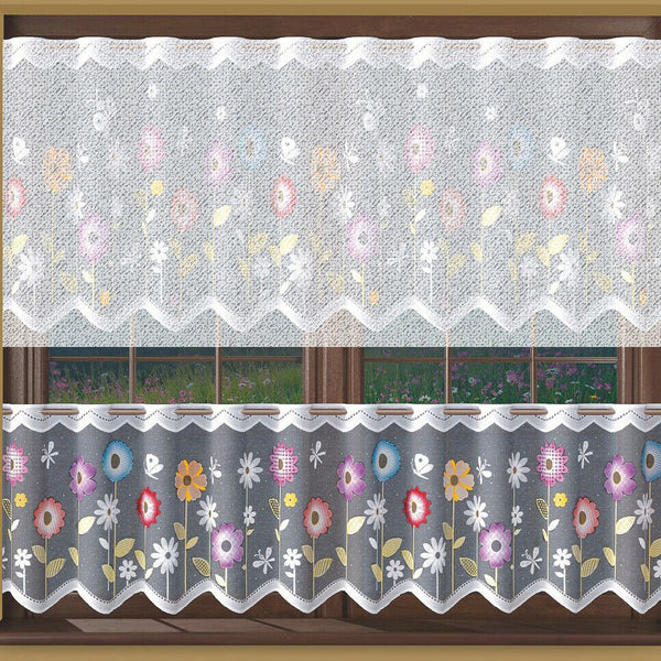 Jacquard White Kitchen Cafe Net Curtain Flowery Meadow pattern Sold by the metres